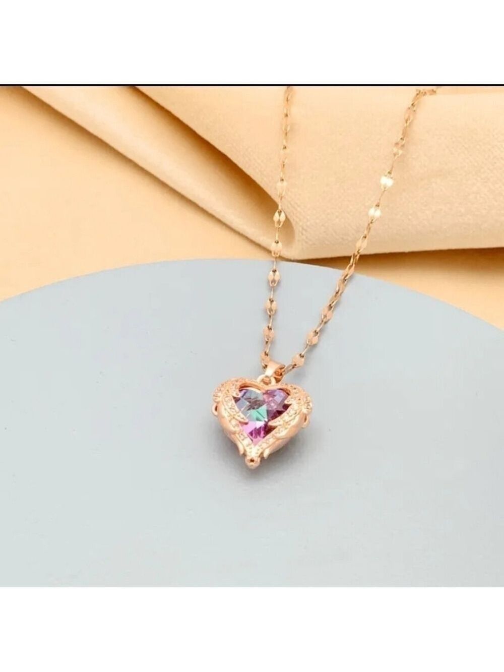 Rose Gold Plated Stainless Steel Heart Wing Stone Pendant